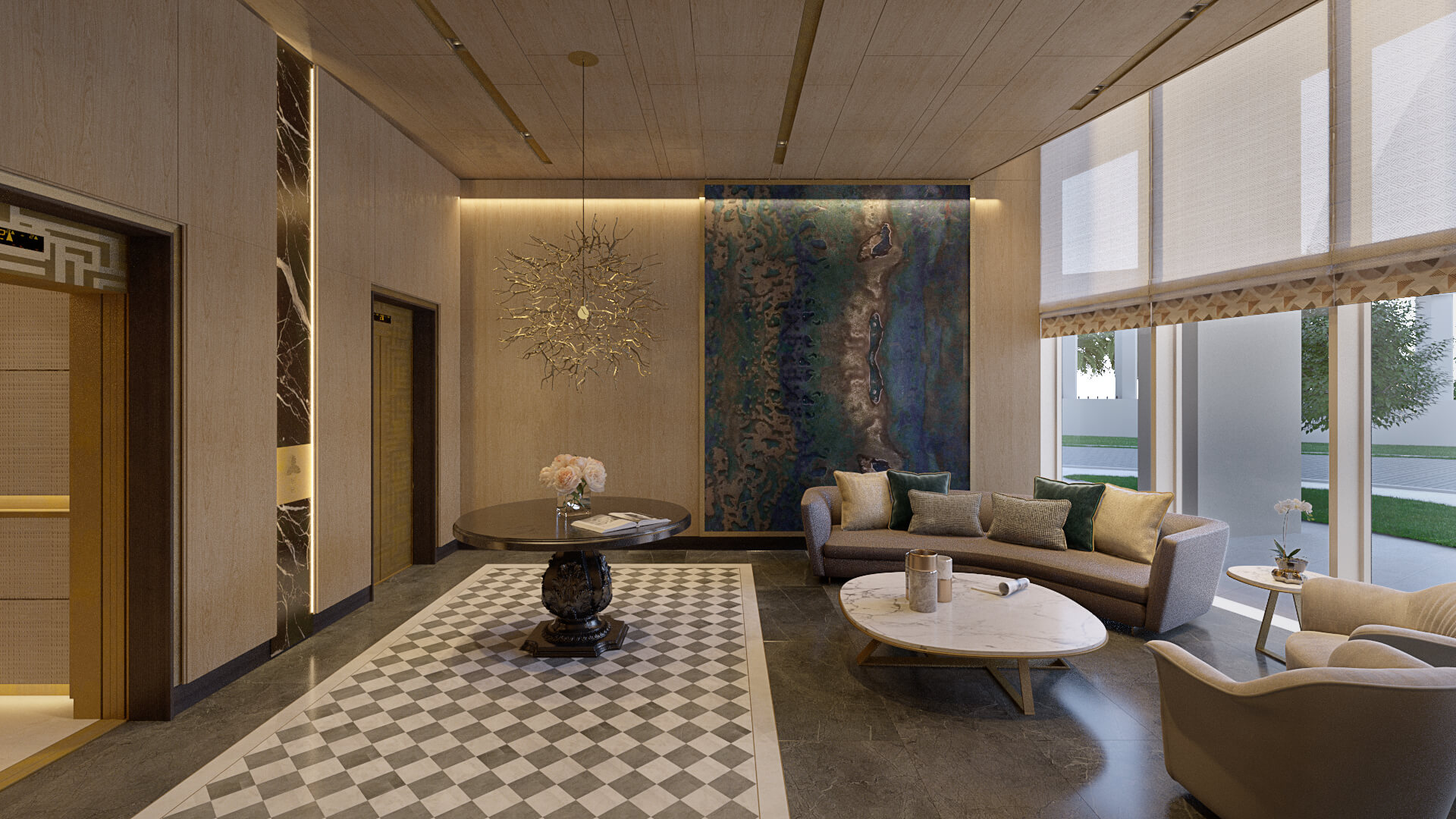 lounge to an elevator