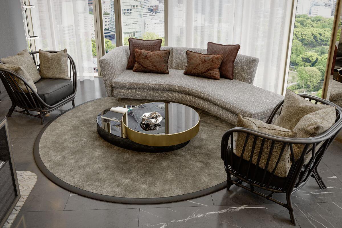Luxury condominium lounge with large windows and city views
