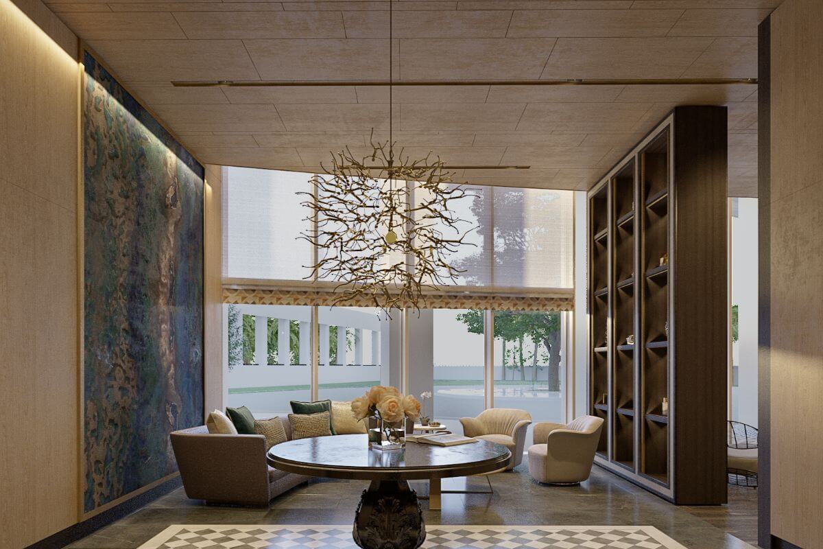 Premium condominium lobby with elegant interiors and seating area