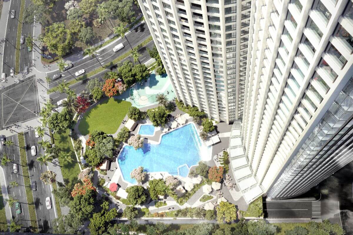 Aerial view of condominium amenities and pool in Fort Bonifacio