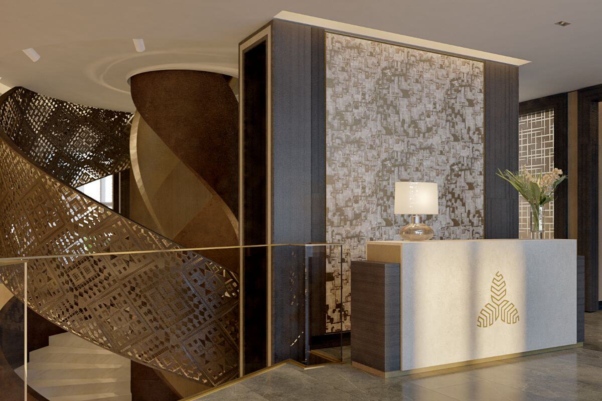Elegant lobby interior of Aurelia Residences featuring luxury finishes, high ceilings, sophisticated furnishings, and a welcoming atmosphere