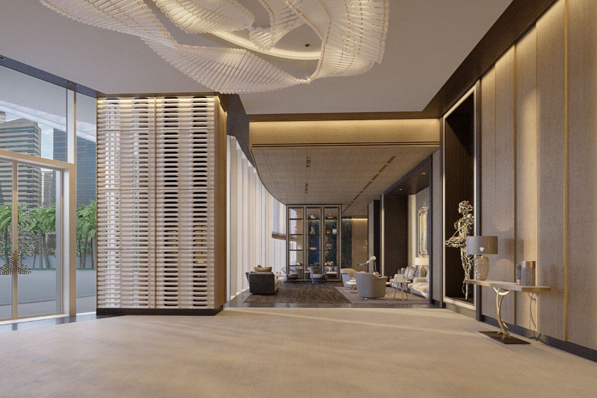 Luxury condominium lobby with elegant interiors and city views