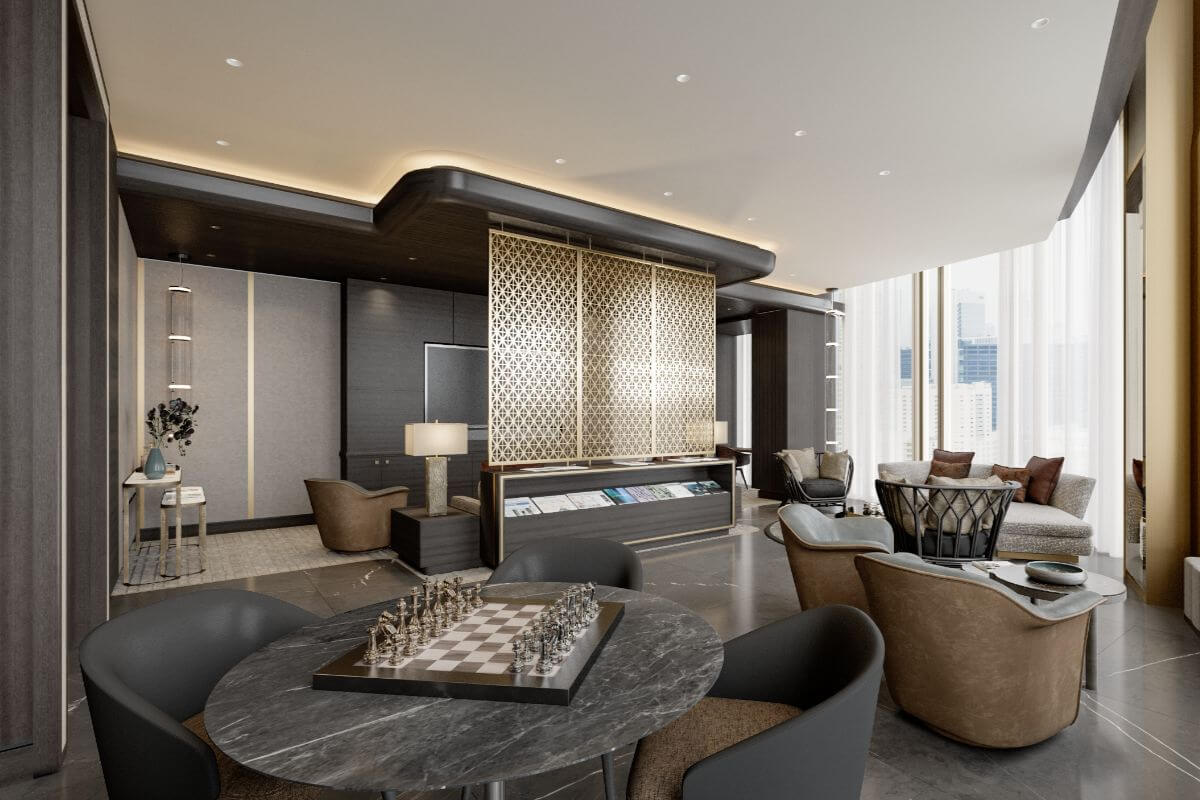 Luxury lounge interior at Aurelia Residences with city views