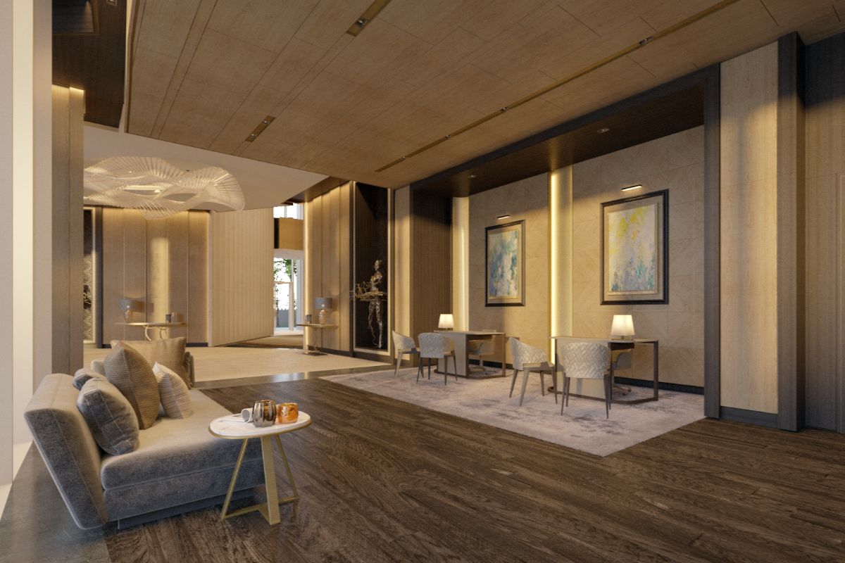 A render of the ground floor lobby at Aurelia Residences