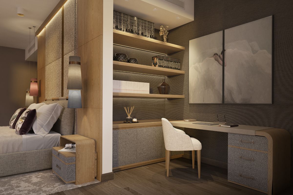 A render of the master bedroom of the 3-bedroom signature unit
