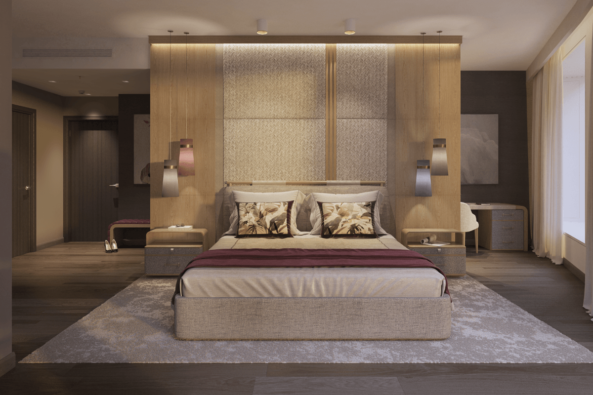 Master bedroom of a three-bedroom unit at Aurelia Residences, featuring a spacious layout, elegant finishes, and a refined contemporary design.