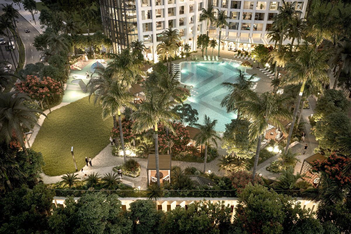 Interior view of Aurelia Residences featuring its luxurious garden pool, blending sophisticated design with serene outdoor elegance.