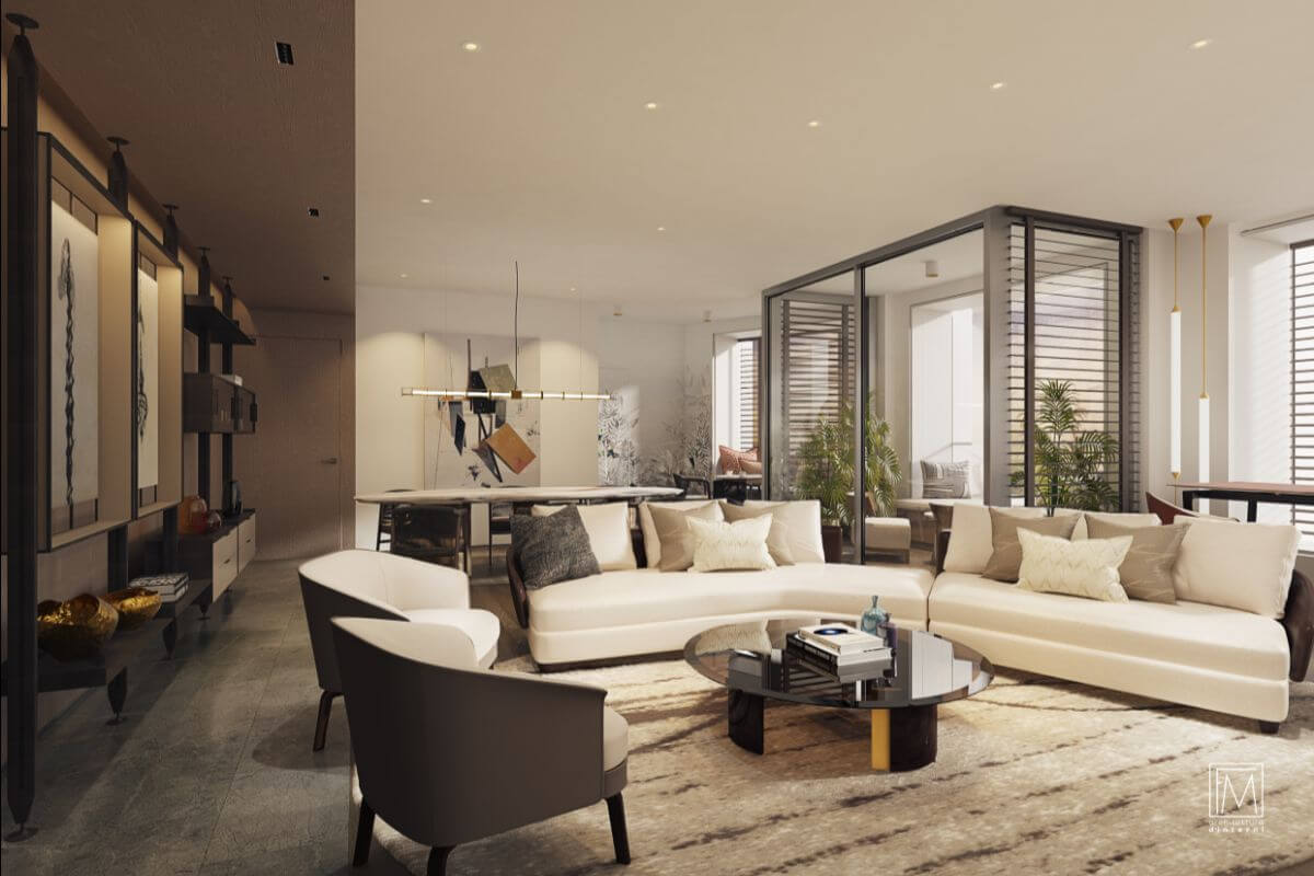 Elegant three-bedroom deluxe interior at Aurelia Residences, featuring refined finishes, spacious layout, and luxurious contemporary design.