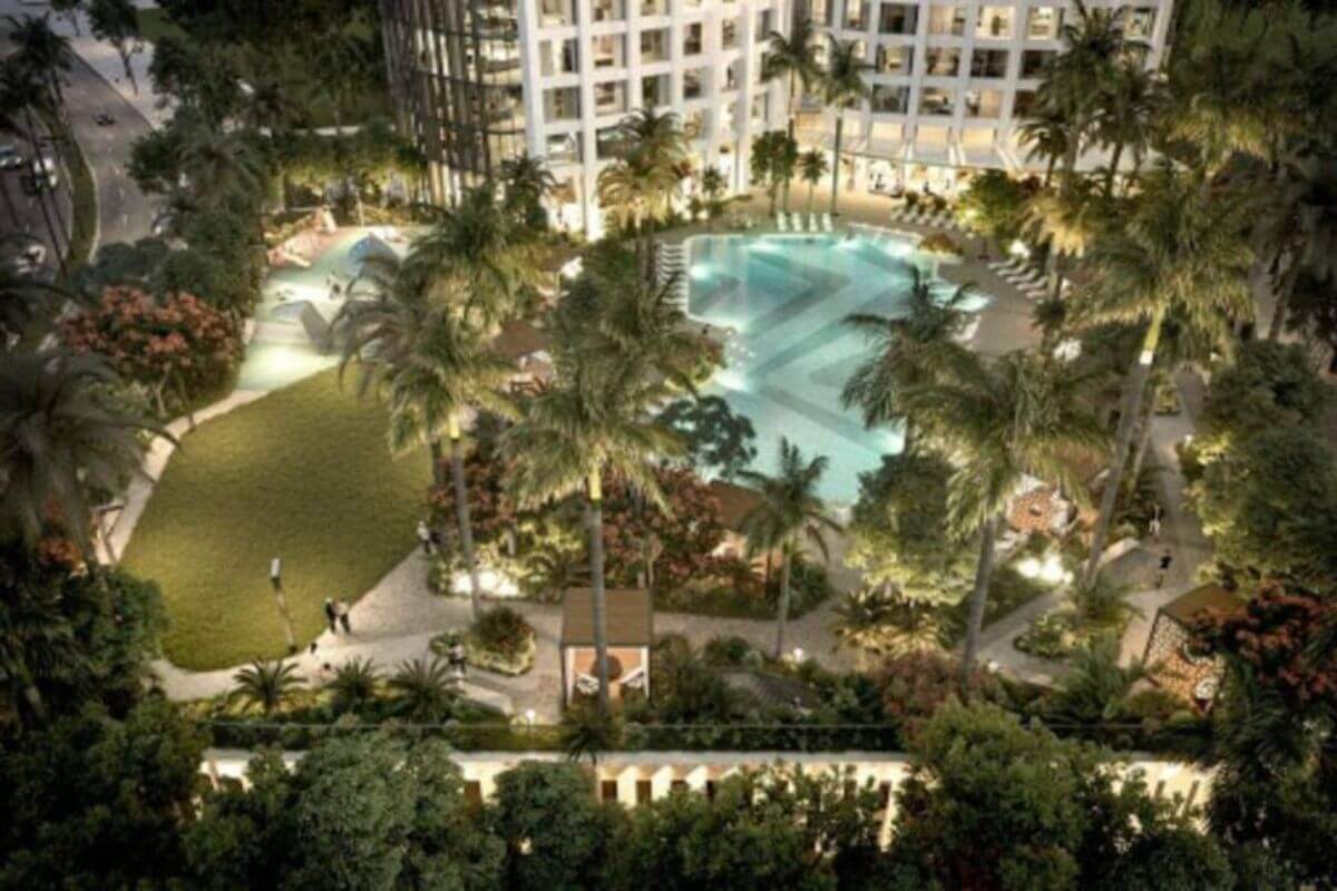 Aerial view of Aurelia Residences' garden pool