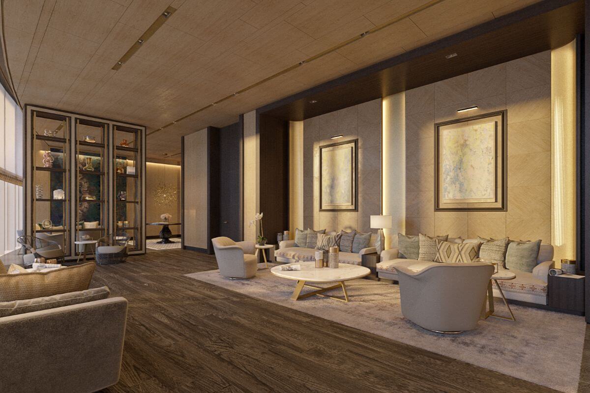 Elegant luxury lounge with warm lighting, plush seating, curated décor, and refined interior finishes
