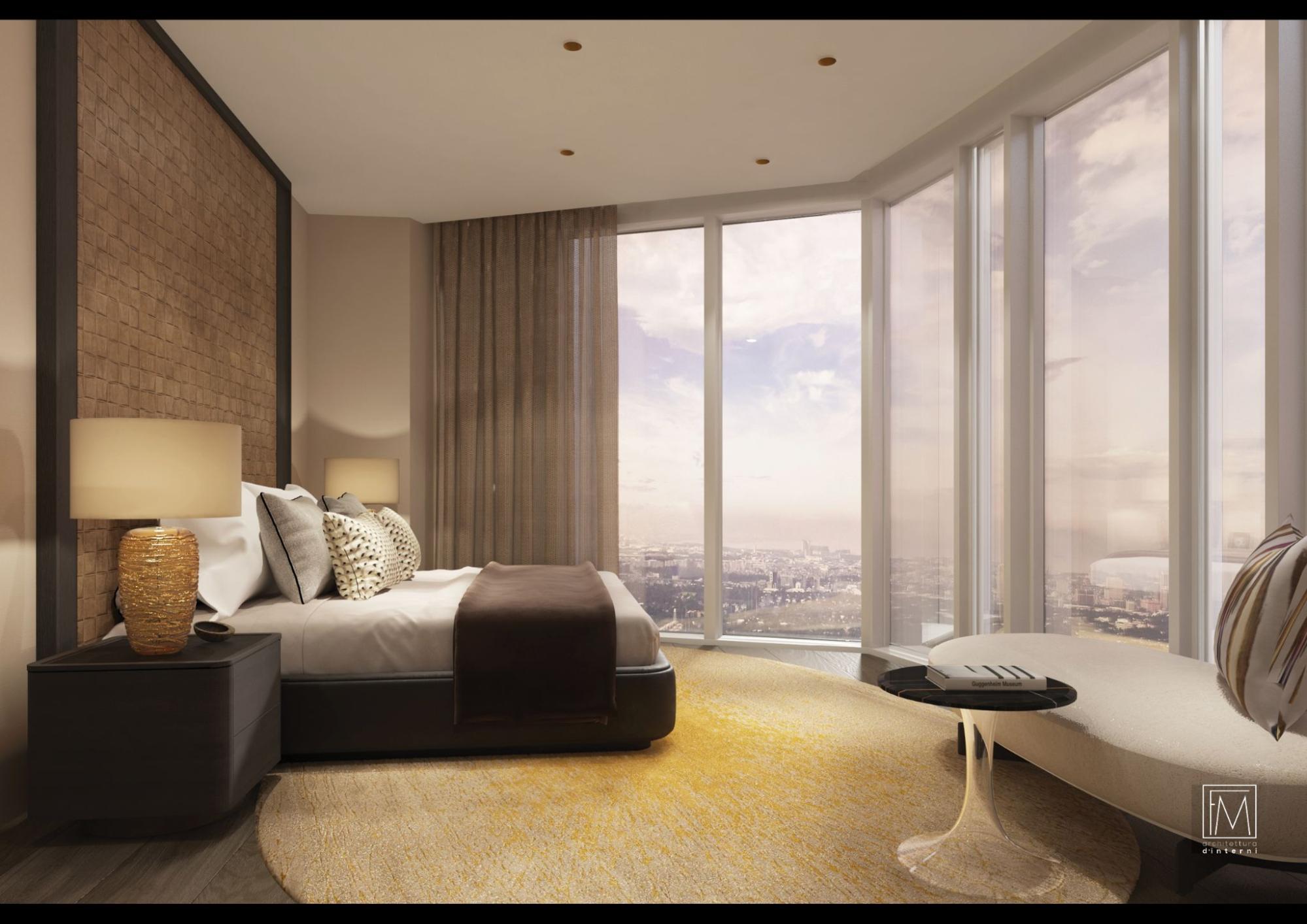 Elegant bedroom in an ultra-luxury BGC condominium with floor-to-ceiling windows and city views