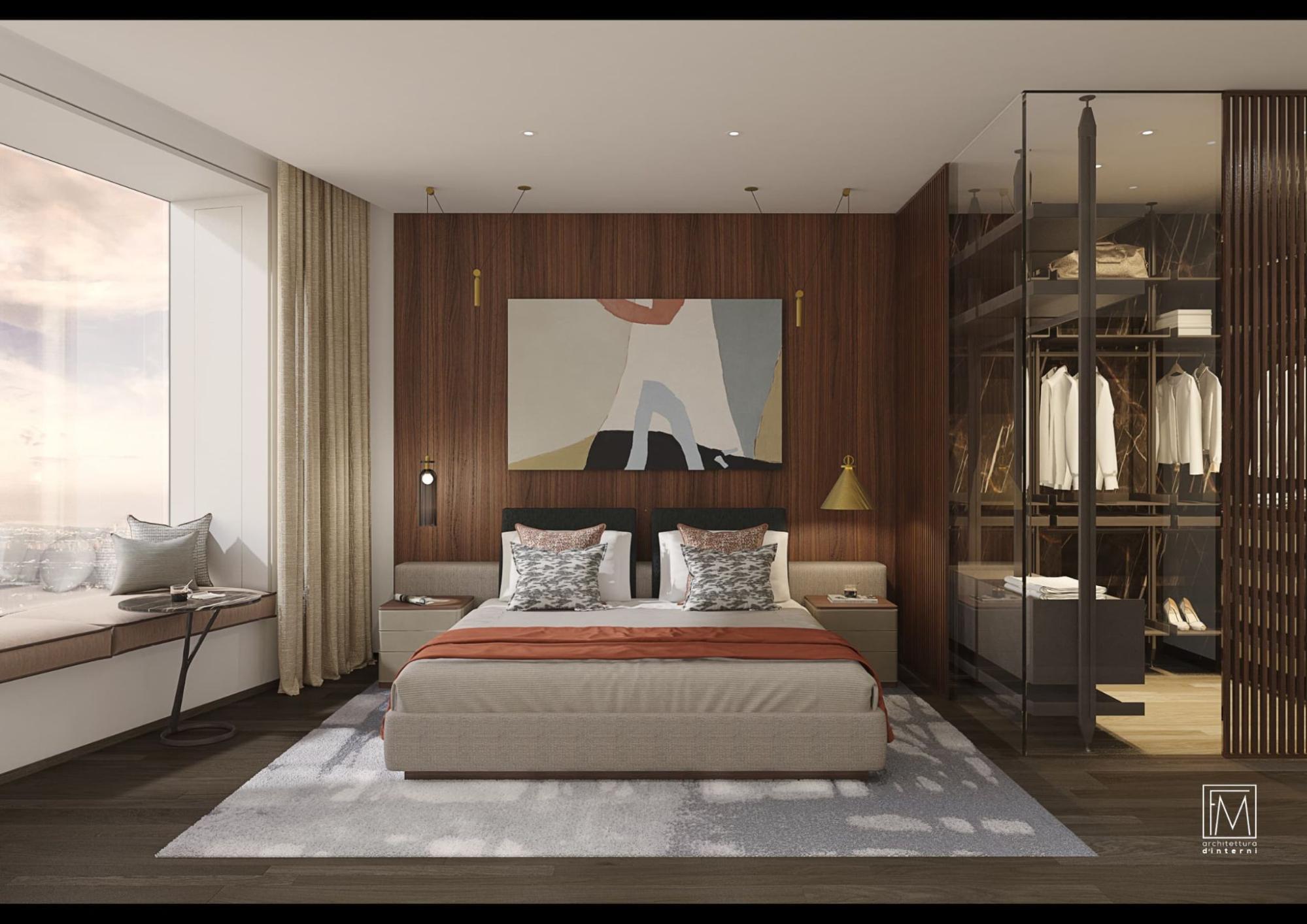 Modern luxury bedroom with wood paneling, window seating, and a glass-enclosed walk-in closet