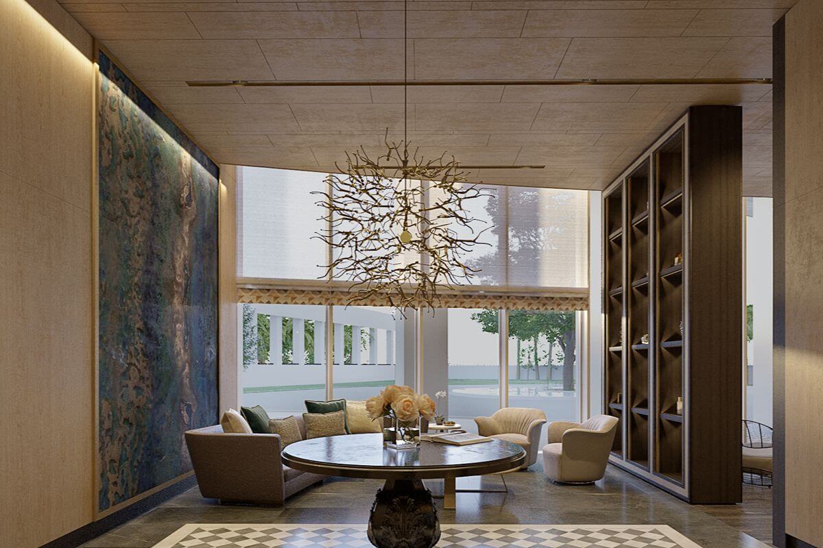 Sophisticated residents’ lounge with curated artwork, custom shelving, and floor-to-ceiling windows