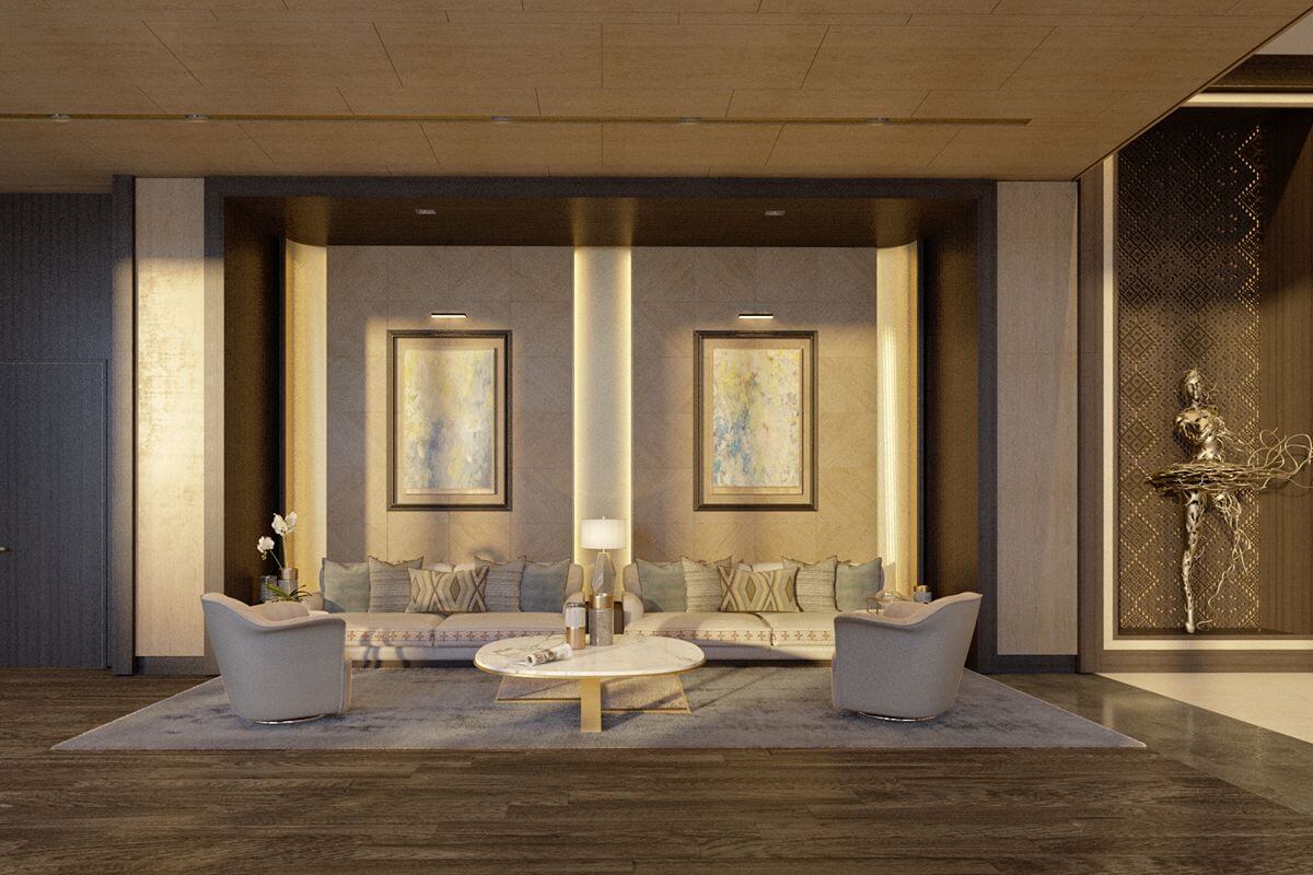 Refined lounge area with contemporary artwork, sculptural décor, and softly illuminated seating