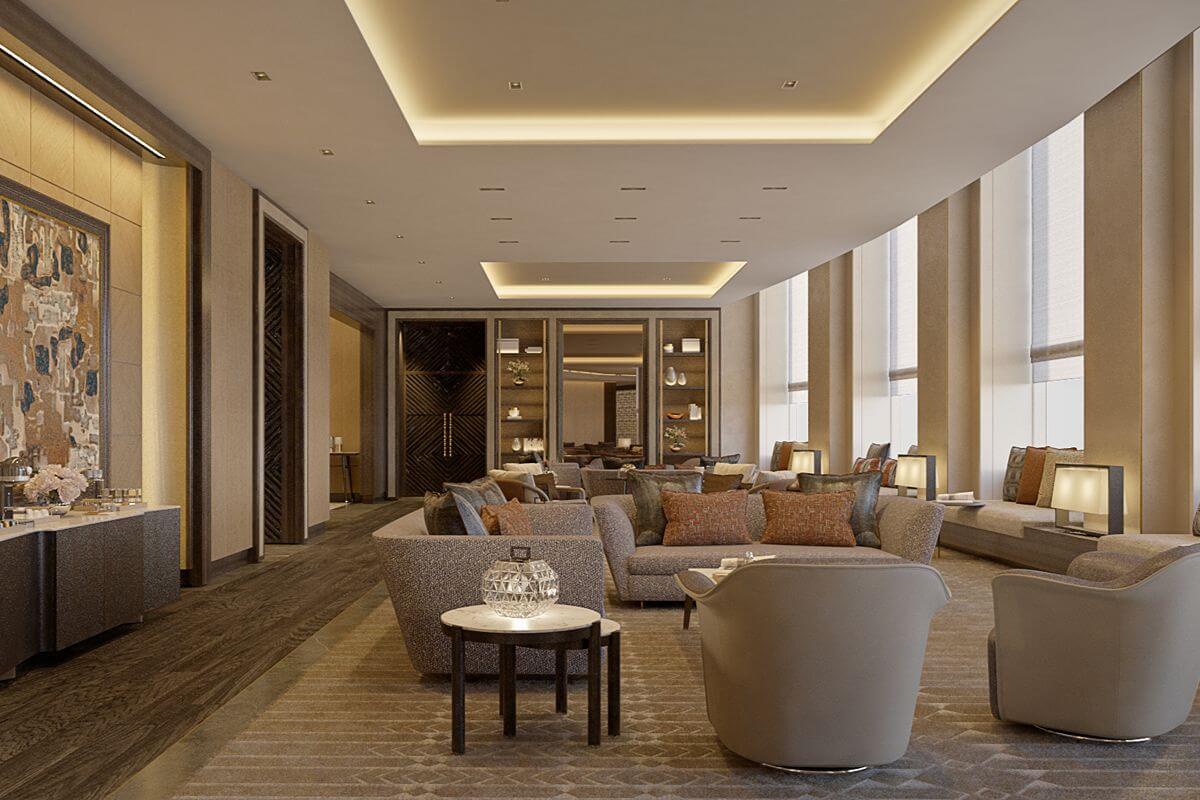 Spacious luxury residents’ lounge with elegant seating, warm lighting, and floor-to-ceiling windows
