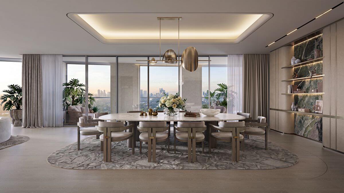 Elegant Aurelia Residences dining area with floor-to-ceiling windows, refined furnishings, and panoramic city views