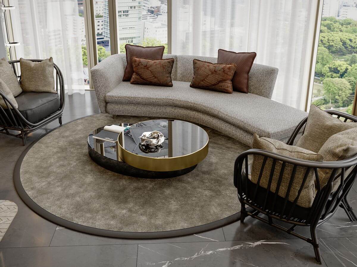 Sophisticated luxury living area with curved seating, floor-to-ceiling windows, elegant furnishings, and expansive city views
