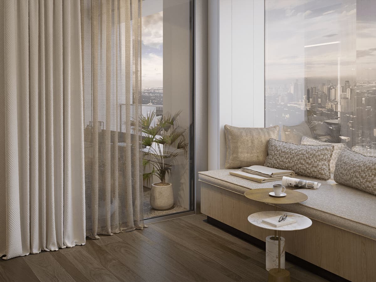 Refined luxury residence interior with a built-in window seat, floor-to-ceiling windows, neutral furnishings, and panoramic BGC views