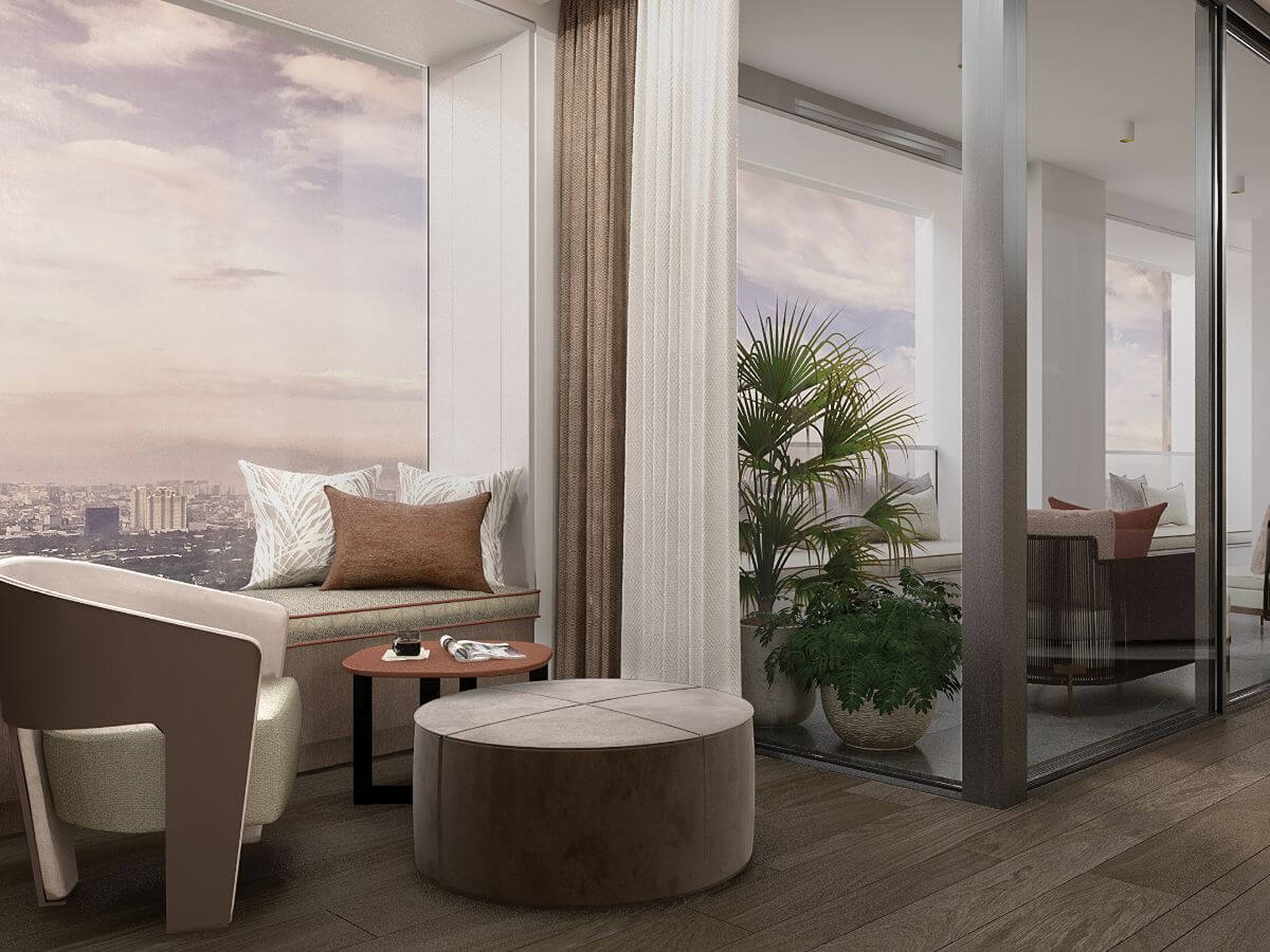 Refined luxury residence interior with a window seat, neutral furnishings, indoor plants, and panoramic city views through floor-to-ceiling windows