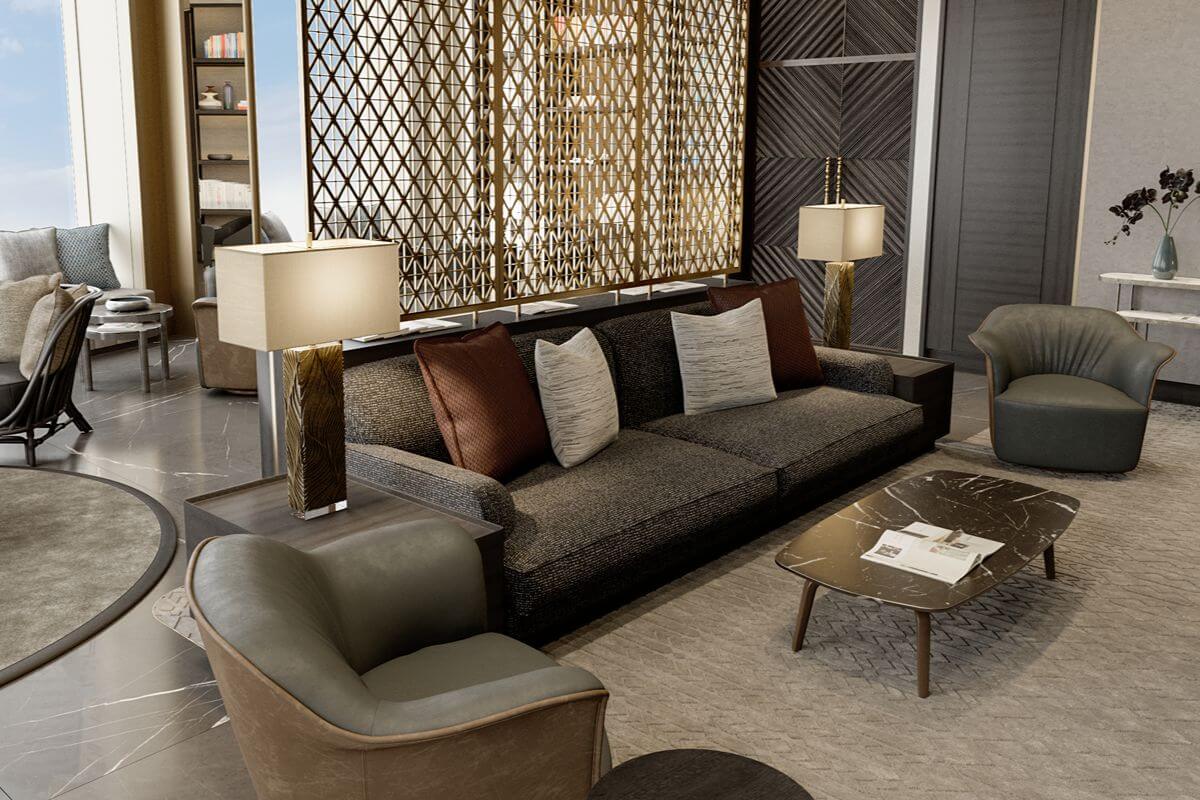 Sophisticated Aurelia Residences lounge with plush seating, decorative screens, warm lighting, and elegant finishes designed for luxury living