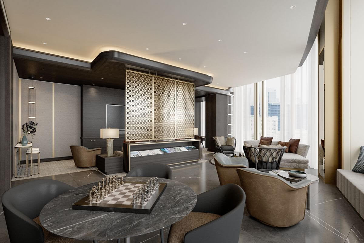 Elegant Aurelia Residences lounge with chess table, comfortable seating, and floor-to-ceiling windows