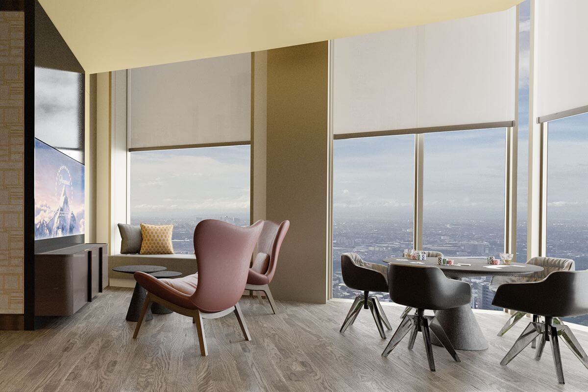 Modern living and dining area at Aurelia Residences with spacious interiors and floor-to-ceiling windows