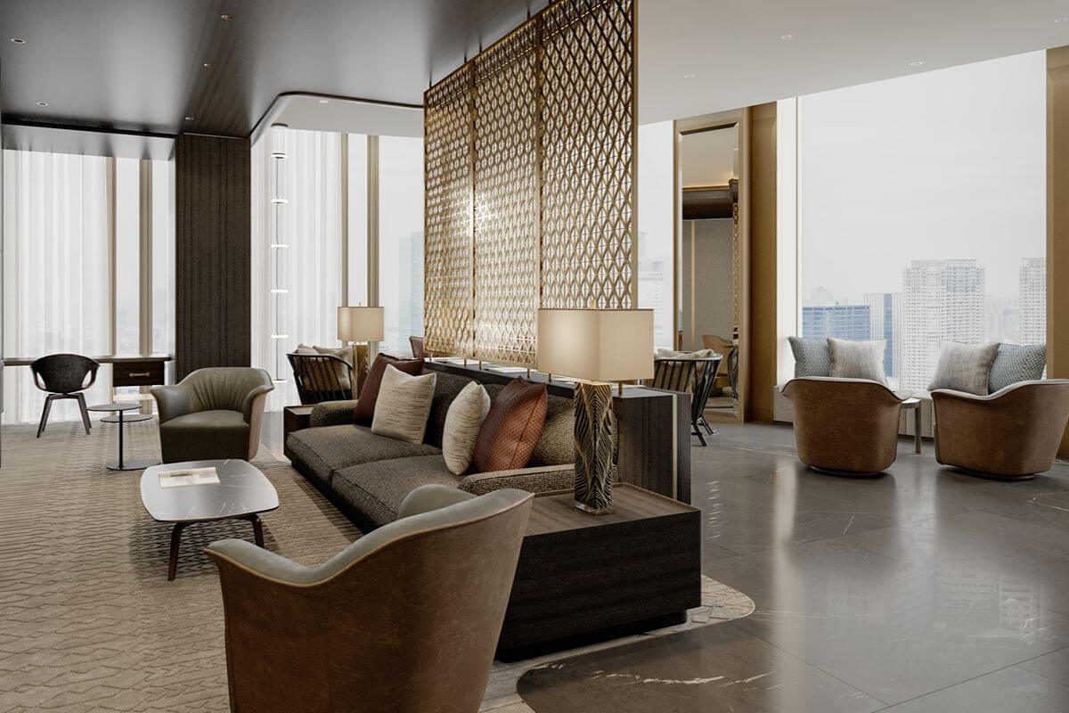 Elegant Aurelia Residences lounge with open sightlines, comfortable seating, and floor-to-ceiling windows