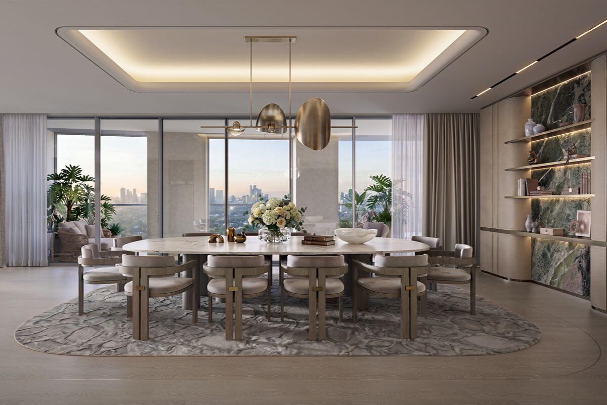 Condominium dining room with a large table, pendant lights, built-in shelves, and floor-to-ceiling windows