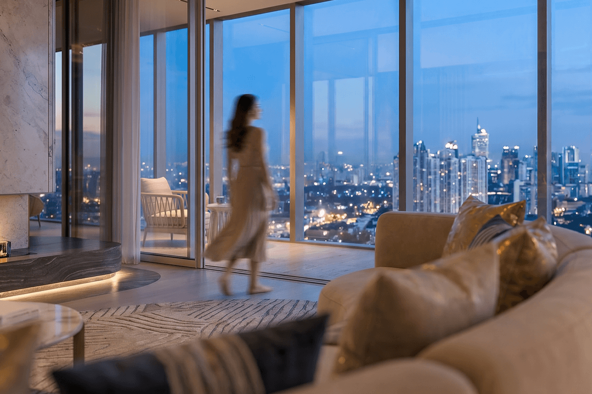Woman walking through a condominium living room with floor-to-ceiling windows overlooking the city skyline at dusk