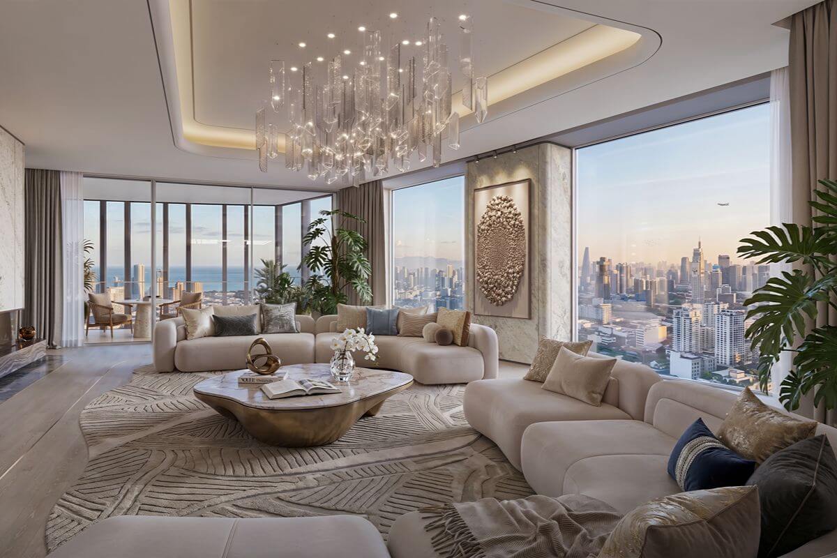Elegant Aurelia Residences living room with floor-to-ceiling windows, refined furnishings, and panoramic BGC city views