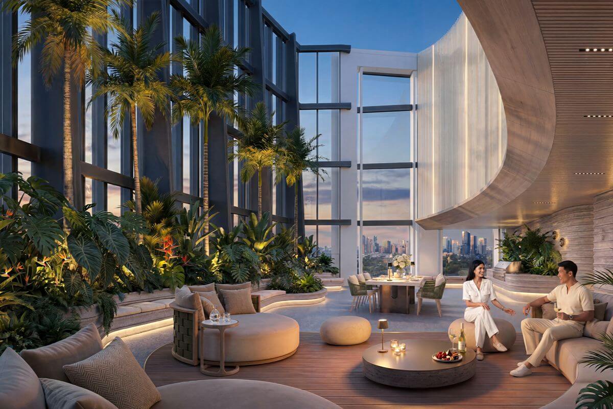 Luxury outdoor lounge at Aurelia Residences with landscaped greenery, elegant seating, and views of the BGC skyline