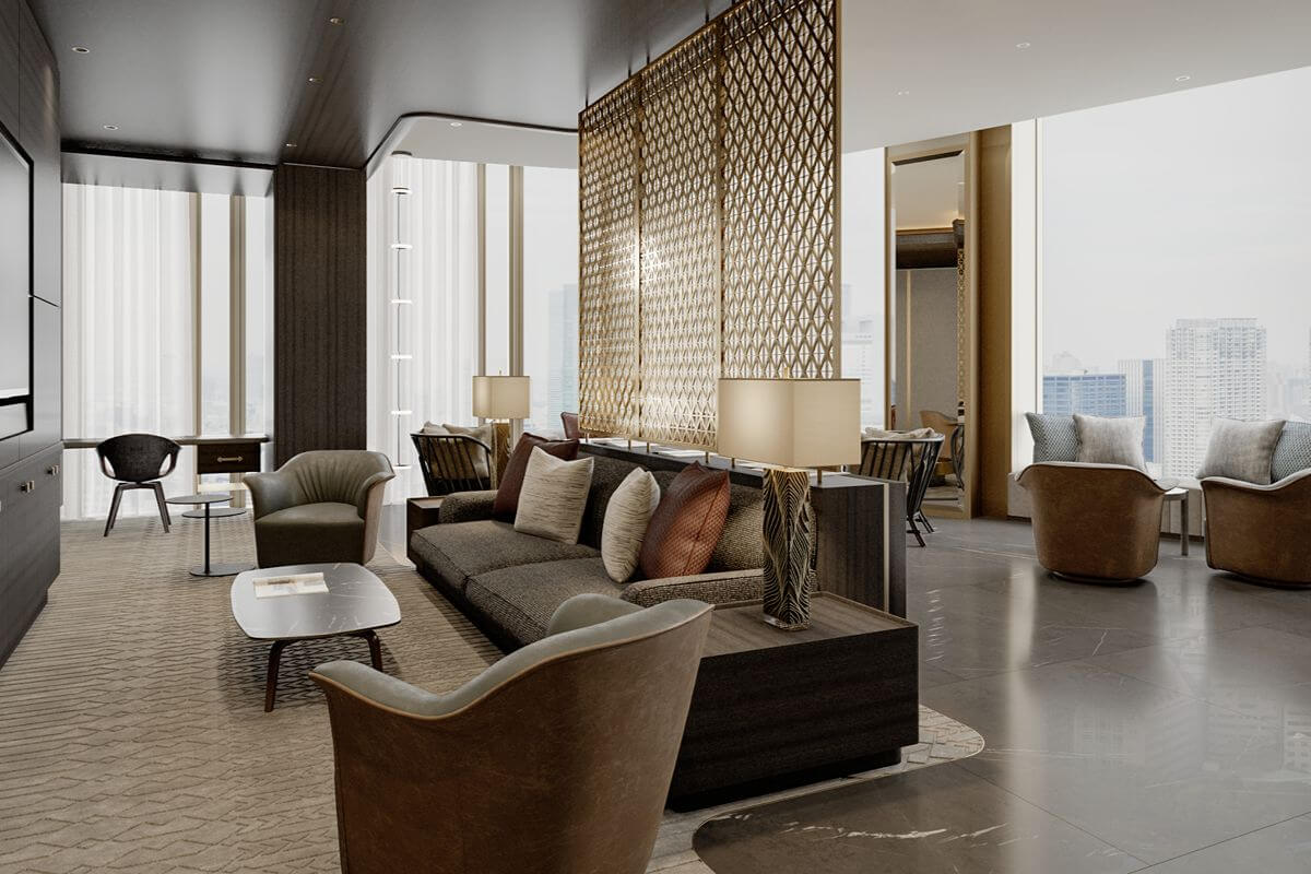 Elegant Aurelia Residences living area with open sightlines, layered seating, and floor-to-ceiling windows