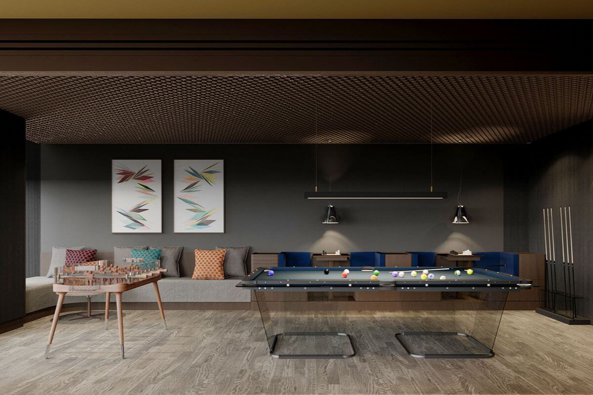 Luxury game room with a billiards table, chess table, lounge seating, and contemporary artwork