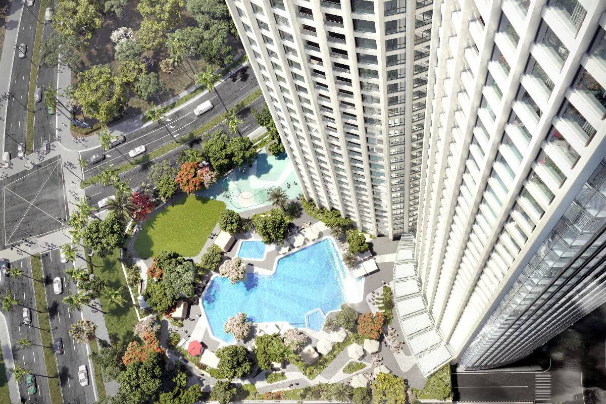 Aerial view of Aurelia Residences featuring its luxurious architectural design, premium amenities, and expansive swimming pool.